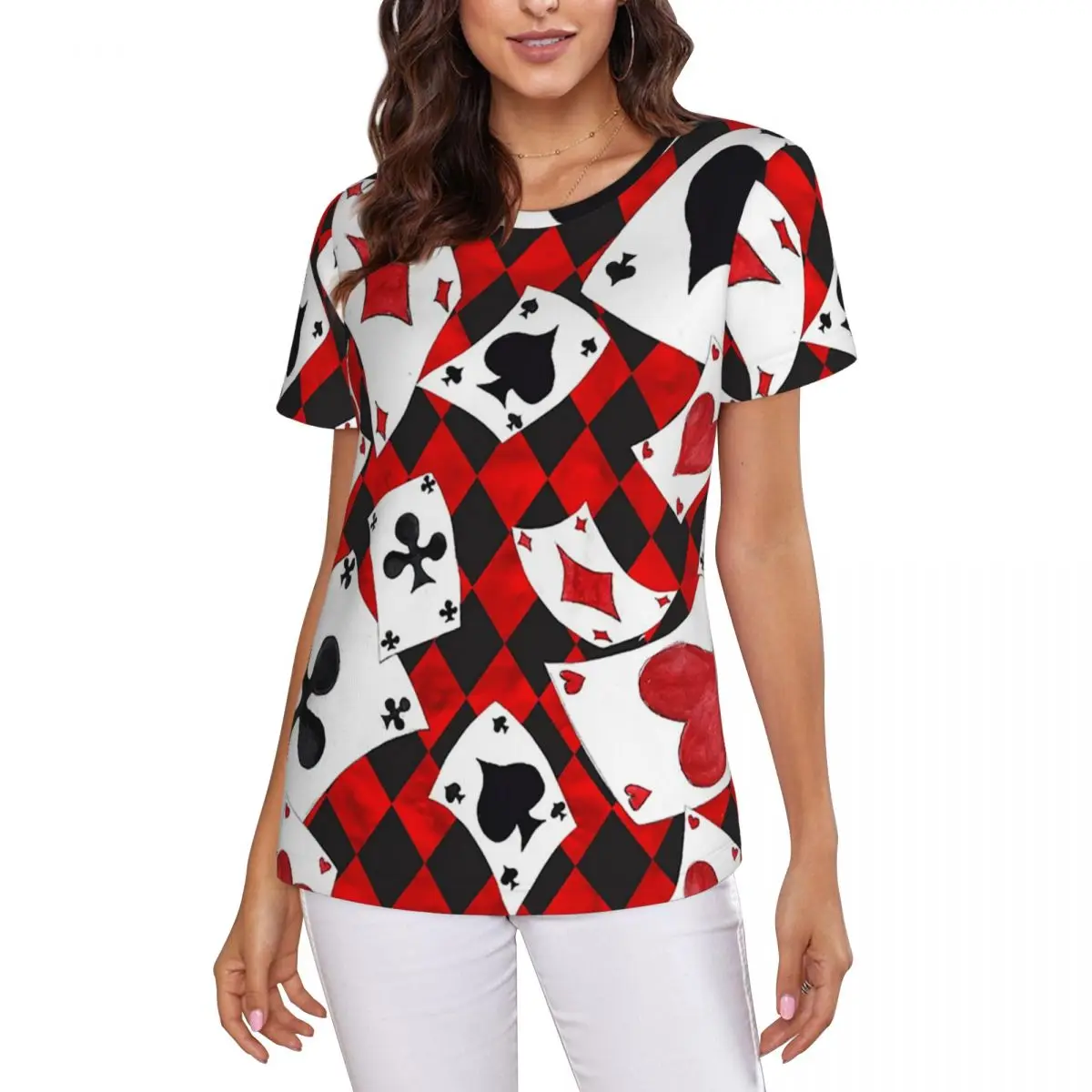 Cool Poker Playing Cards Pattern Gambling Card Game T-Shirt Women Short Sleeve T Shirts Round Neck Clothes Cotton Summer Tees