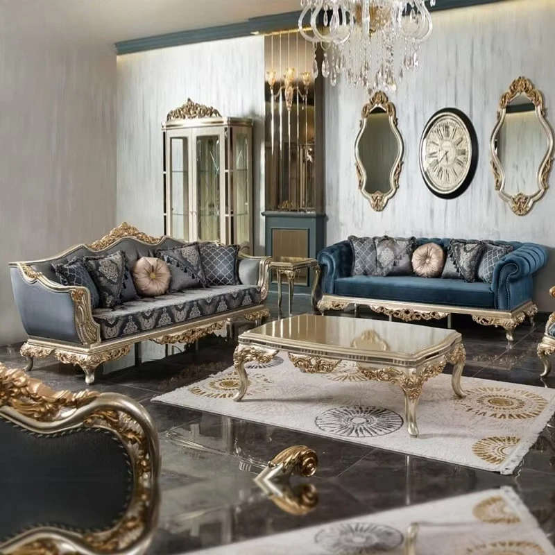 

Luxury European fabric sofa set Modern large living room Solid wood carved court furniture