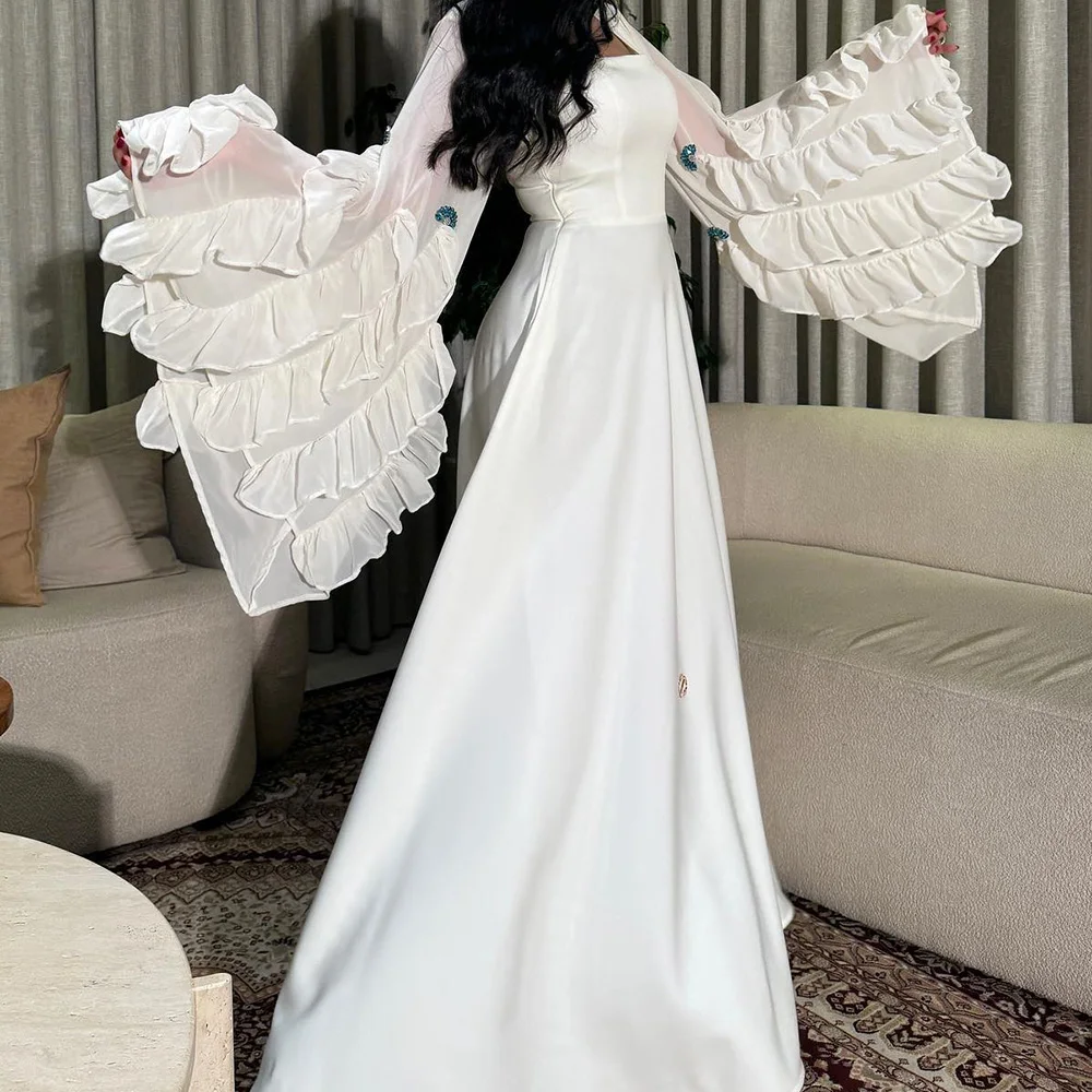 

Classic Pleats Ruffles Square Neck Evening Dresses Graceful White A-Line Long Sleeves Satin Party Gowns فساتين سهره نسائيه فخمة