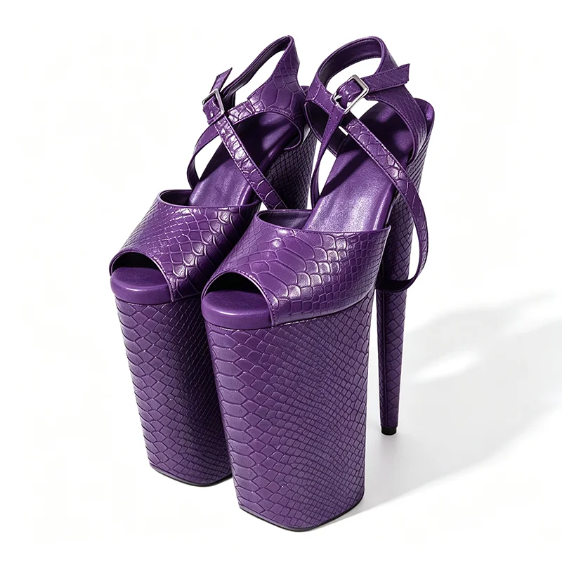 Glamorous Black Snakeskin Platform Heels - 26cm Ultra High Stiletto Sandals with Ankle Strap for Pole Dancing & Nightclub Party