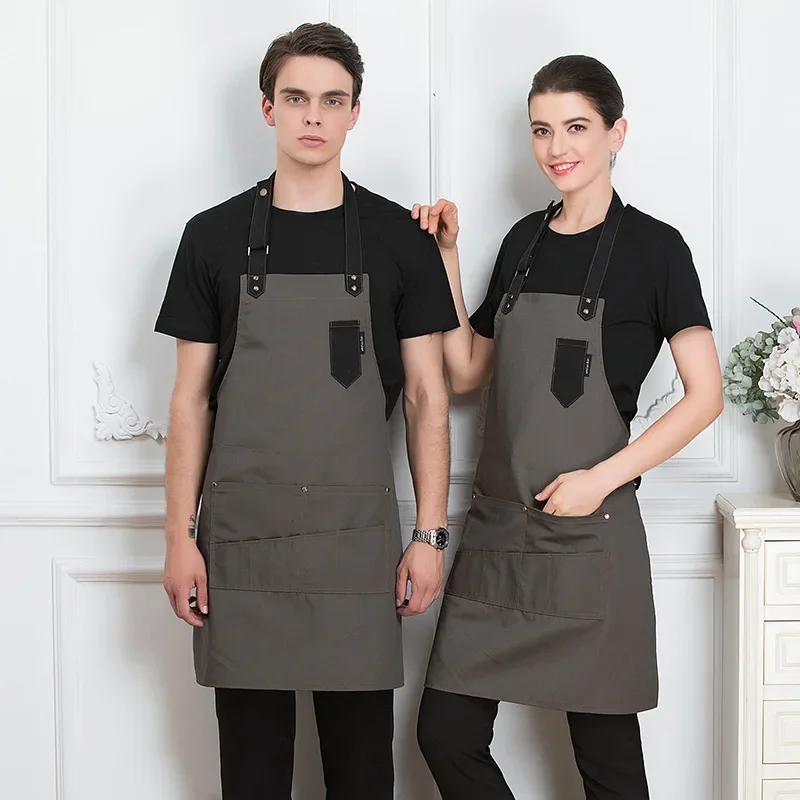 

Customizable Fashion Men's Work Apron With Pockets Women Coffee Master Baker Chef Bib Aprons Black Red Blue Gray for Kitchen