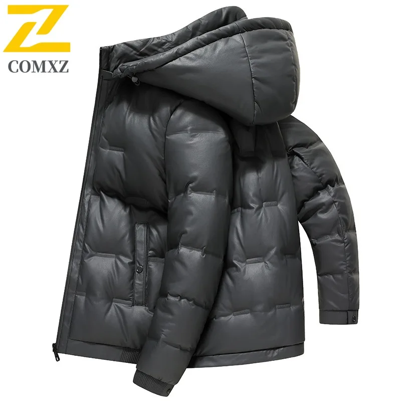 COMXZ Luxurious Short Down Jacket Men Hooded Outdoor Camping Windproof Puffer Jacket Fashion Cycling Winter Leather Down Jacket