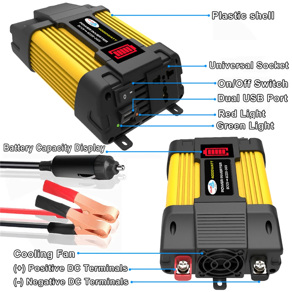 4000W Power Converter Inverter 12V 220V w LED Display Car Inverter Plug Adapter