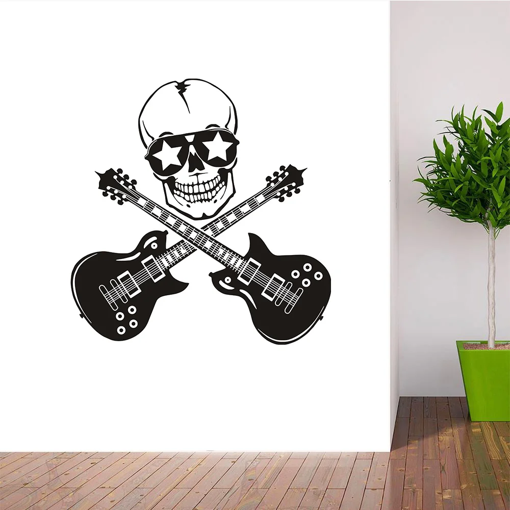 POOMOO Wall Decals Wall Vinyl Decals Music Skull Guitars Rock Decal Sticker Home Art Mural 22x22inch