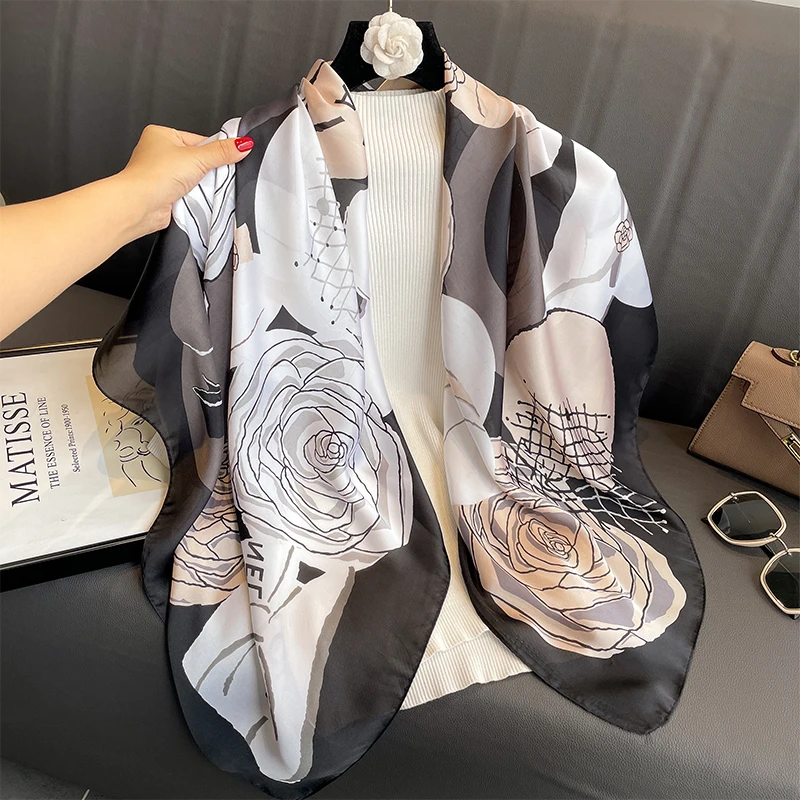 110x110cm Women Silk Square Scarf Hijab Female Design Print Lady Shawl Wraps Foulard Headbands Bufanda Large Bandana Luxury 2023