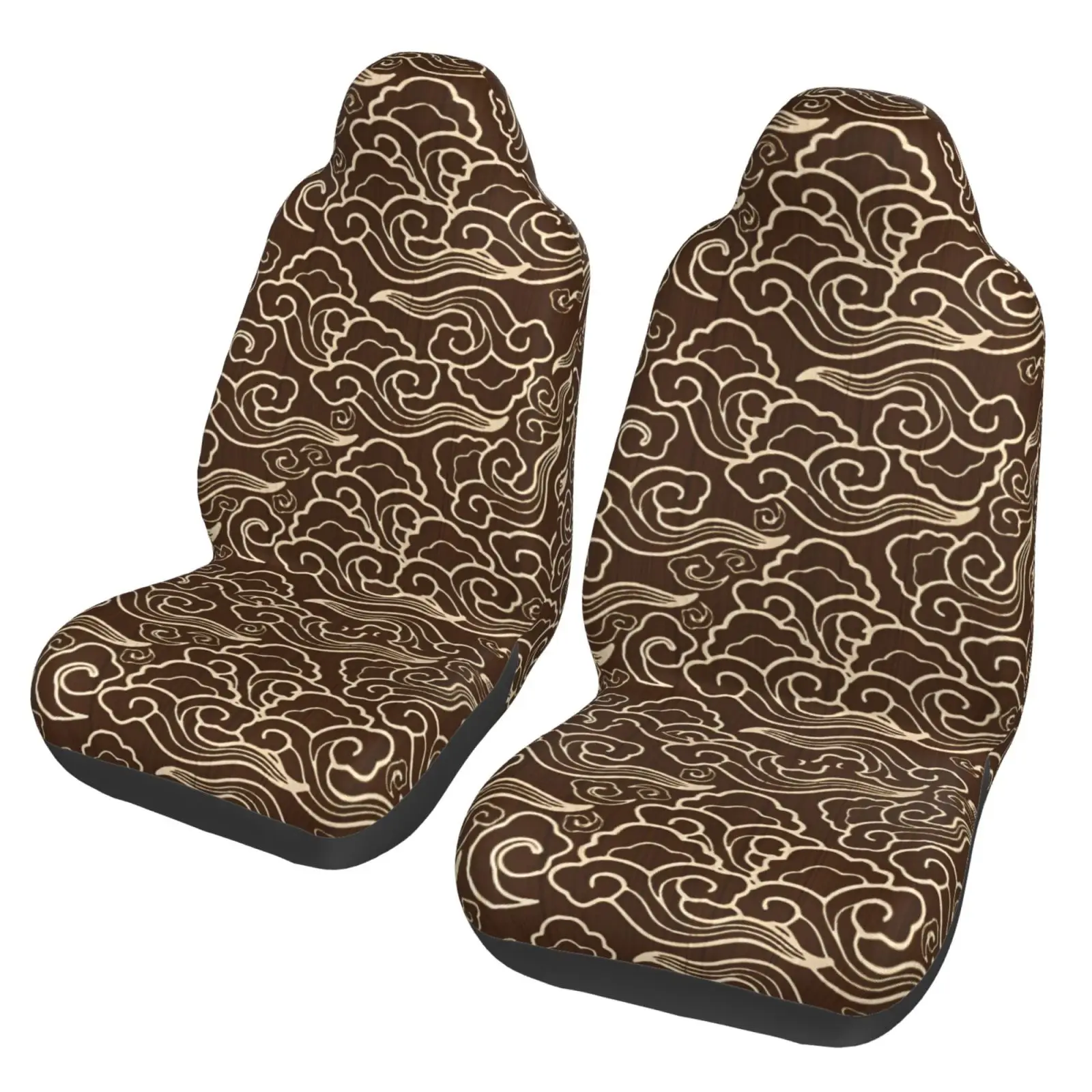 Japanese Style Ocean Wave Print Car Seat Covers 2 Pcs Front Seat Protector Bucket Seat Covers Universal Auto Accessories