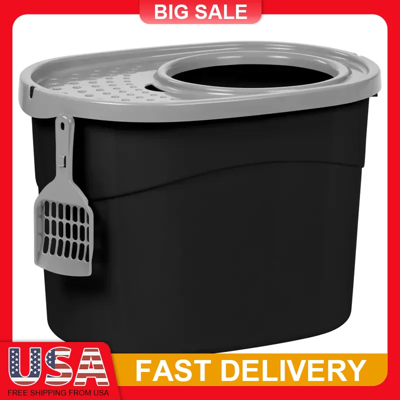 

Top Entry Cat Litter Box with Privacy Walls Litter Catching Lid Non Slip Base Includes Scoop for Easy Cleaning