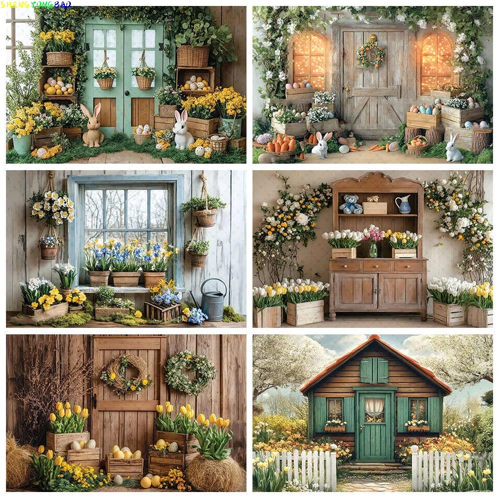 

Spring Colorful Floral Rustic Wall Easter Day Background Garden Flowers Birthday Party Rabbit Eggs Photography Backdrop FH-01