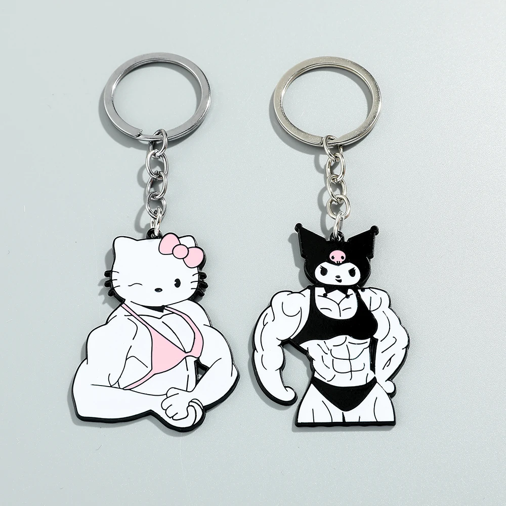 Kawaii Sanrio Hello Kitty Metal Keychain Funny Muscle Anime Figure Kuromi Couple Pendant Toy Gift for Backpack