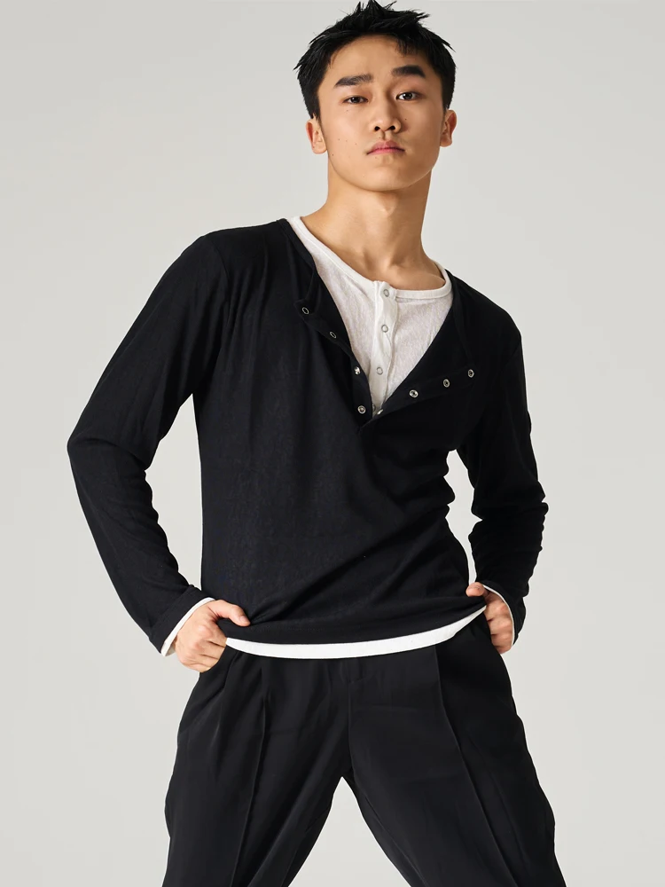 2025 New Latin Dance Tops For Men Loose Long Sleeved Shirts Samba Chacha Tango Adult Male Latin Dance Practice Clothes DQS21375