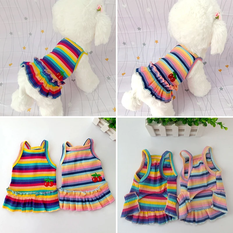 Universal Pretty Dog's Clothes Sweet Color Striped Cherry Princess Dress Spring And Summer Clothes Cat Clothes Small Dog Clothes