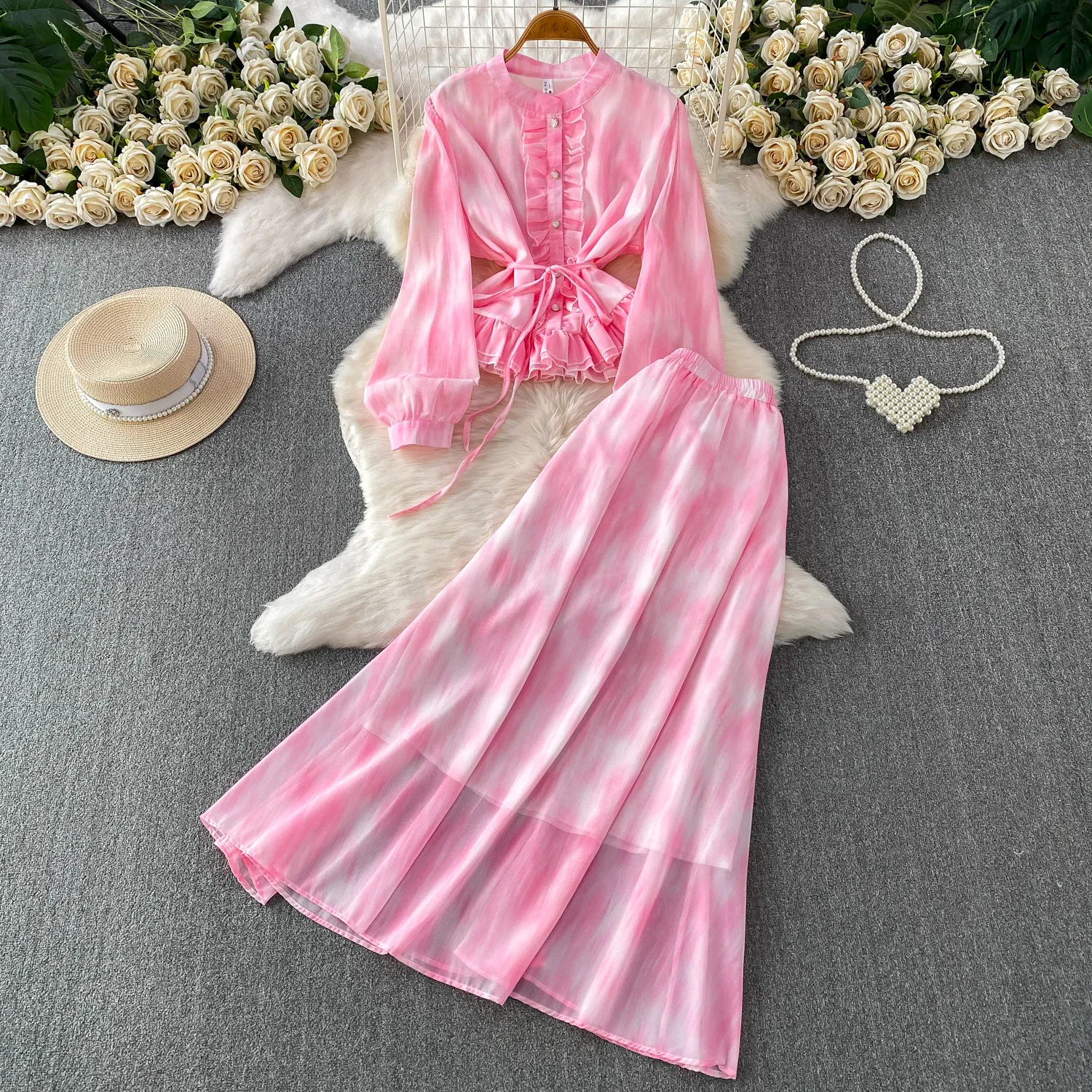 Spring Autumn Bohemian Women Tie Dye Print Two Piece Set Elegant O-Neck Single Breasted Blouse+ High Waist Skirt Suit Beach New view 2