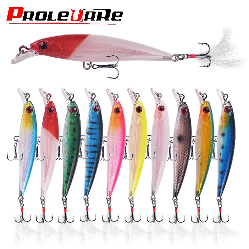 

1 Pcs Minnow Fishing Lure 9cm 7g Laser Plastic Sinking Wobblers Artificial Bait Feather Hooks for Bass Crankbaits Fishing Tackle