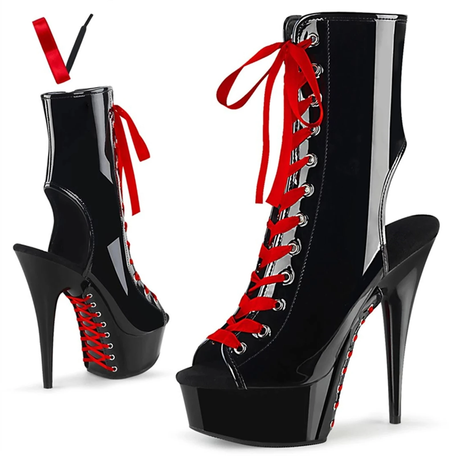 

15CM Platform Peep Toe Boots, Black Lace Up Ankle Booties with Red Details, Chunky Heel Shoes for Women