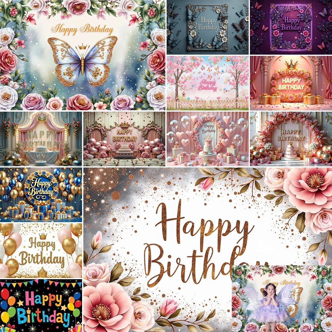 

MOON.QG Floral Happy Birthday Backdrop Princess Flower Cake Smash Baby Girl Balloon Birthday Photo Background Women Birthday