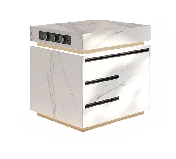 

Island cabinet, separate open kitchen, mid-fall table in rock slab, advanced removable bar table, integrated cabinet