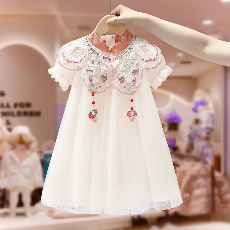 Summer Girls Cheongsam Dresses Flower Embroidery Neck Princess Kids Party Birthday Dresses Teenager Children's Costume 4-12Years