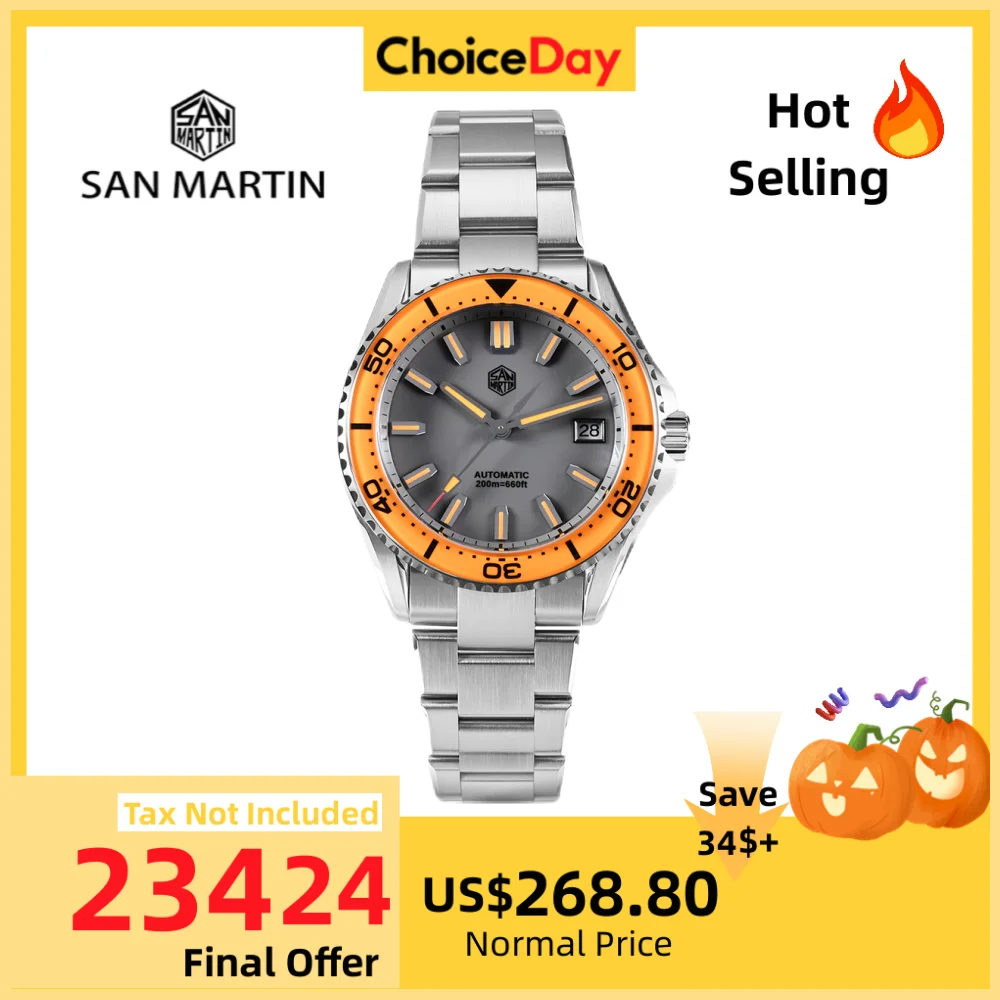 

San Martin Sapphire Bezel Enamel DialNH35 Men Watch Sports 3H Date 20Bar Waterproof BGW-X1 / Orange Luminous Wristwatch SN0129D