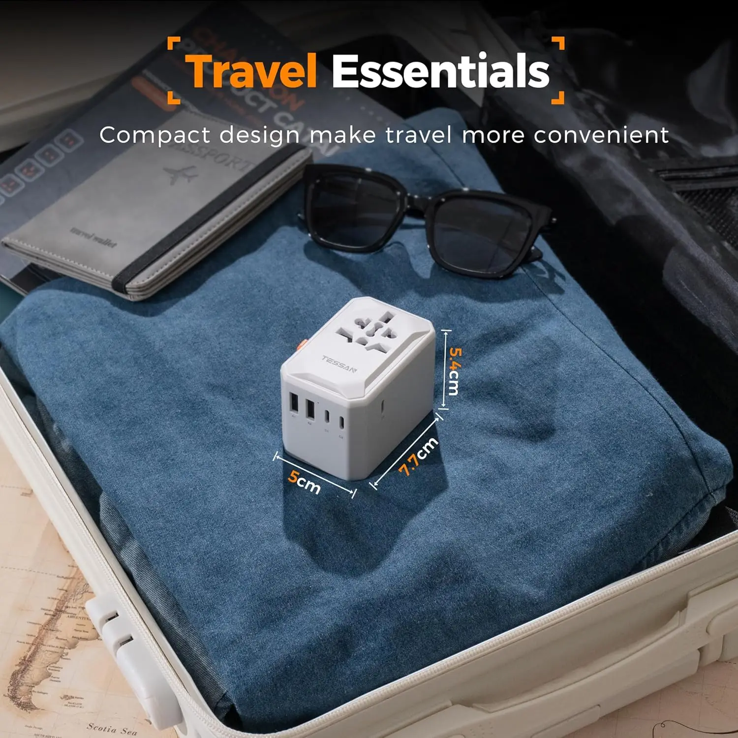 Адаптер для путешествий по всему миру TESSAN с универсальной розеткой переменного тока 3 USB C 2 USB A GaN Международный адаптер для вилки Великобритании/ЕС/США/Австралии