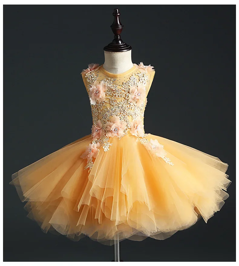 ELegant Long Trailing Flower Girls For Wedding Gold Tutu Floral Kids Pageant First Communion Party Prom Dress