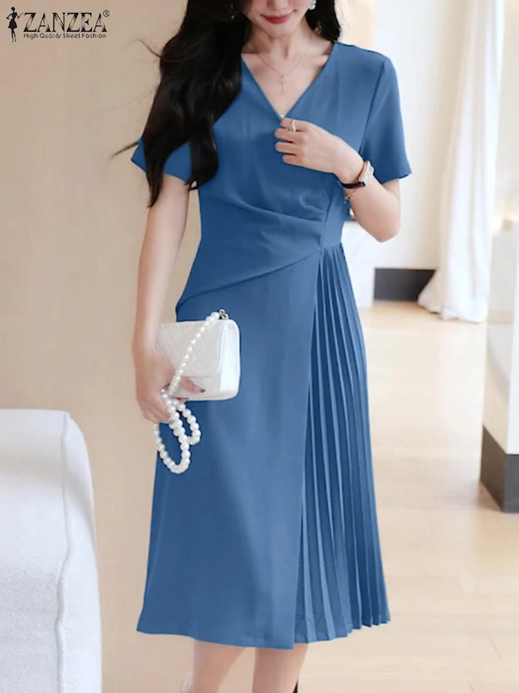 

ZANZEA Summer Elegant Dress Women Fashion Solid Work OL Sundress V Neck Short Sleeve Robe A Line Pleated Mid-calf Vestido Kaftan