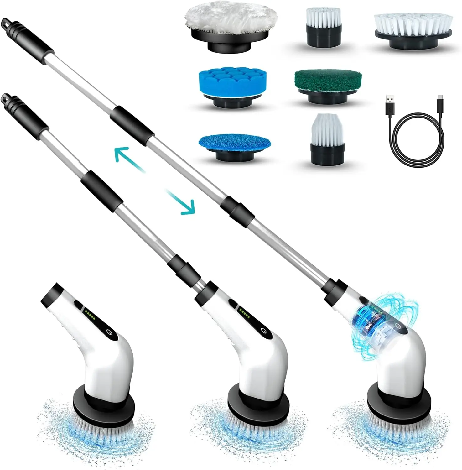 Elebe Electric Spin Scrubber - 7 Brush Heads, 2 Speeds, Adjustable Handle, Bathroom Cleaner, 300/450 RPM