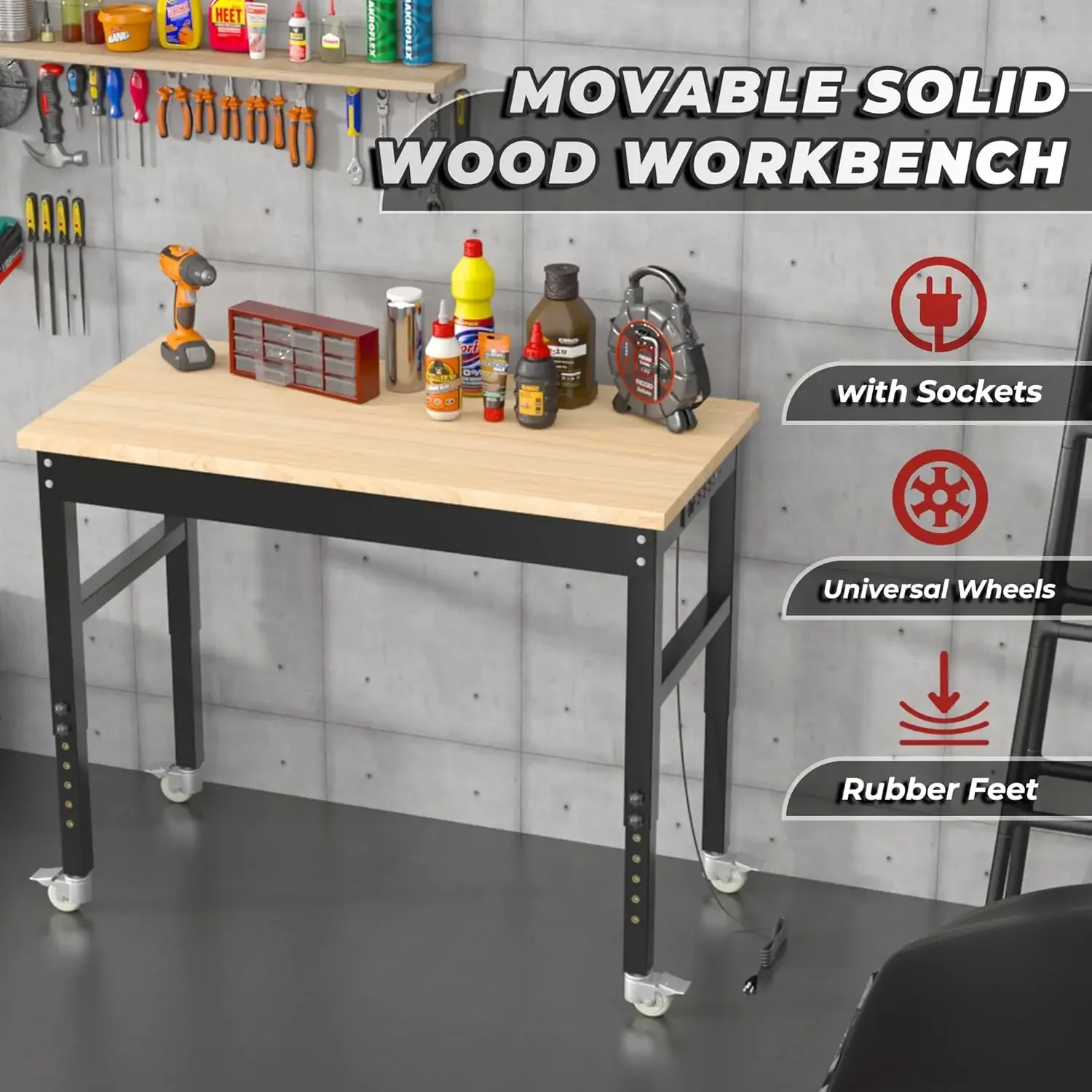 Workbench Rubber Wood Top Heavy-Duty Workstation,3000 LBS Load Capacity 59