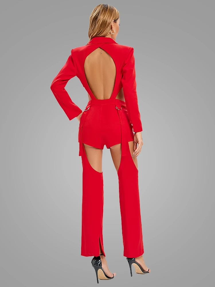 Women Long Sleeve Jacket Trousers Detachable Shorts 3 Piece Set jumpsuit Sexy Hollow Backless Blazer+Pants Set Bodysuit Club