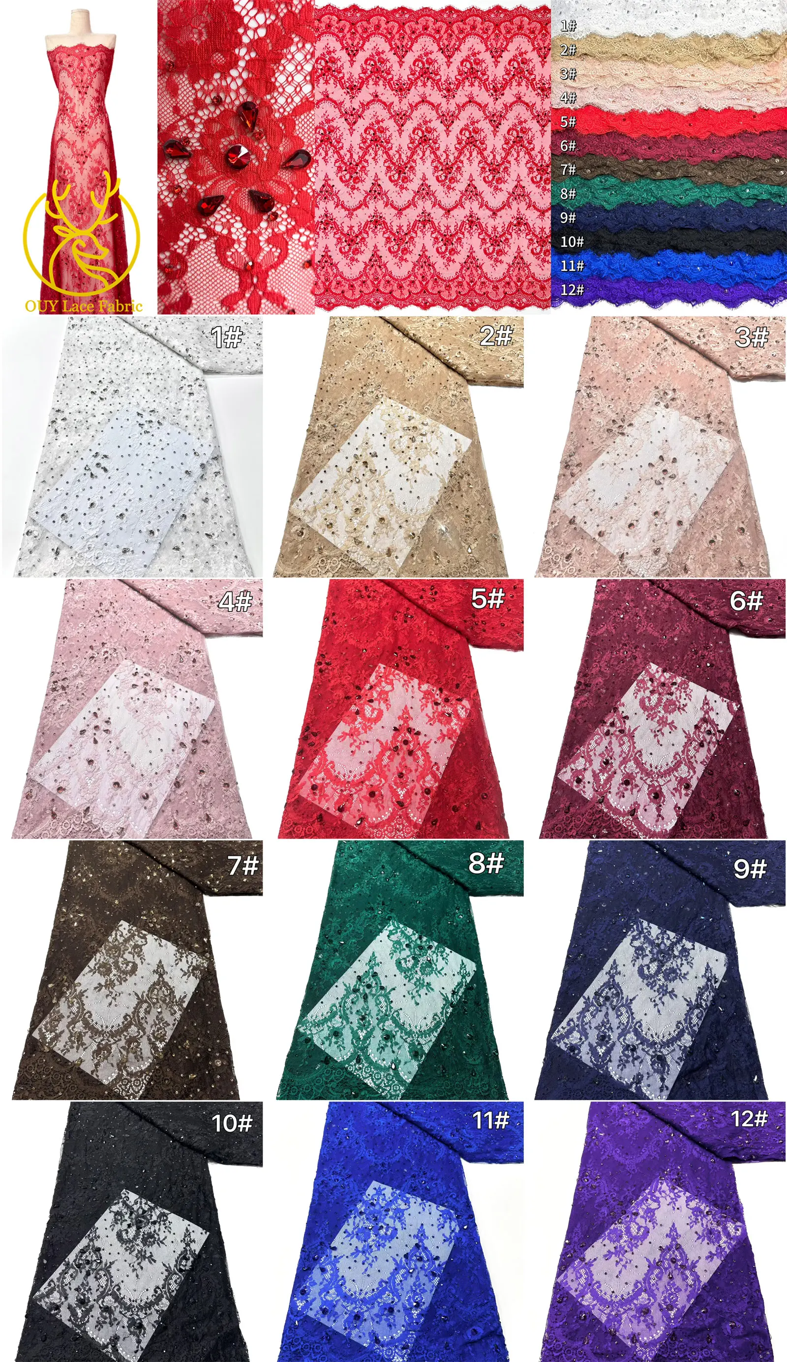 Roter nigerianischer Spitzenstoff, hochwertige afrikanische Milchseide mit Steinen, Guipure-Kordel für Damen-Partykleider, DIY-Nähzubehör, 3 Meter – Detail 3