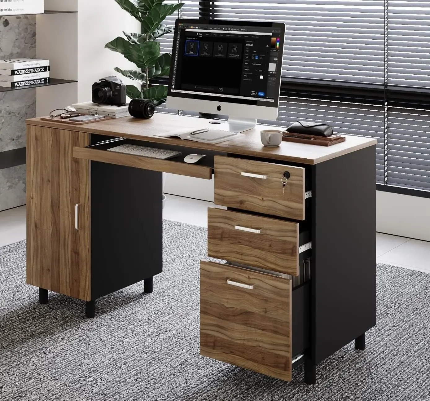 Modern Design Venice Computer Desk - Office Desk with 3 Drawers and CPU Storage Cabinet - Keyboard Tray and Cable Hole