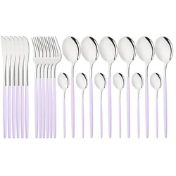 24/48Pcs Purple Handle Silver Dinnerware Set Knife Fork Spoon Cutlery Set Stainless Steel Tableware Kitchen Flatware Silverware