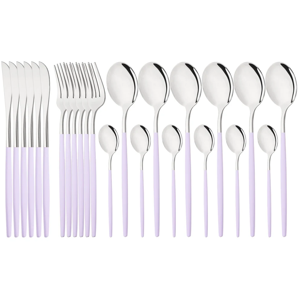 24/48Pcs Purple Handle Silver Dinnerware Set Knife Fork Spoon Cutlery Set Stainless Steel Tableware Kitchen Flatware Silverware