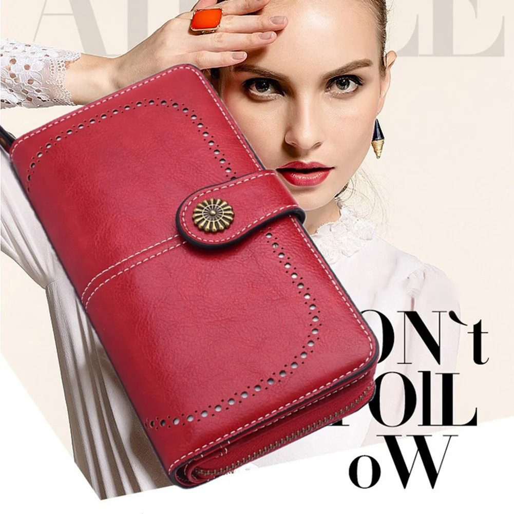 Lederen Dames Lange Portemonnee Uitgeholde Gesp Portefeuilles Creditcard Clutch Handtas Luxe Clutch Portemonnees