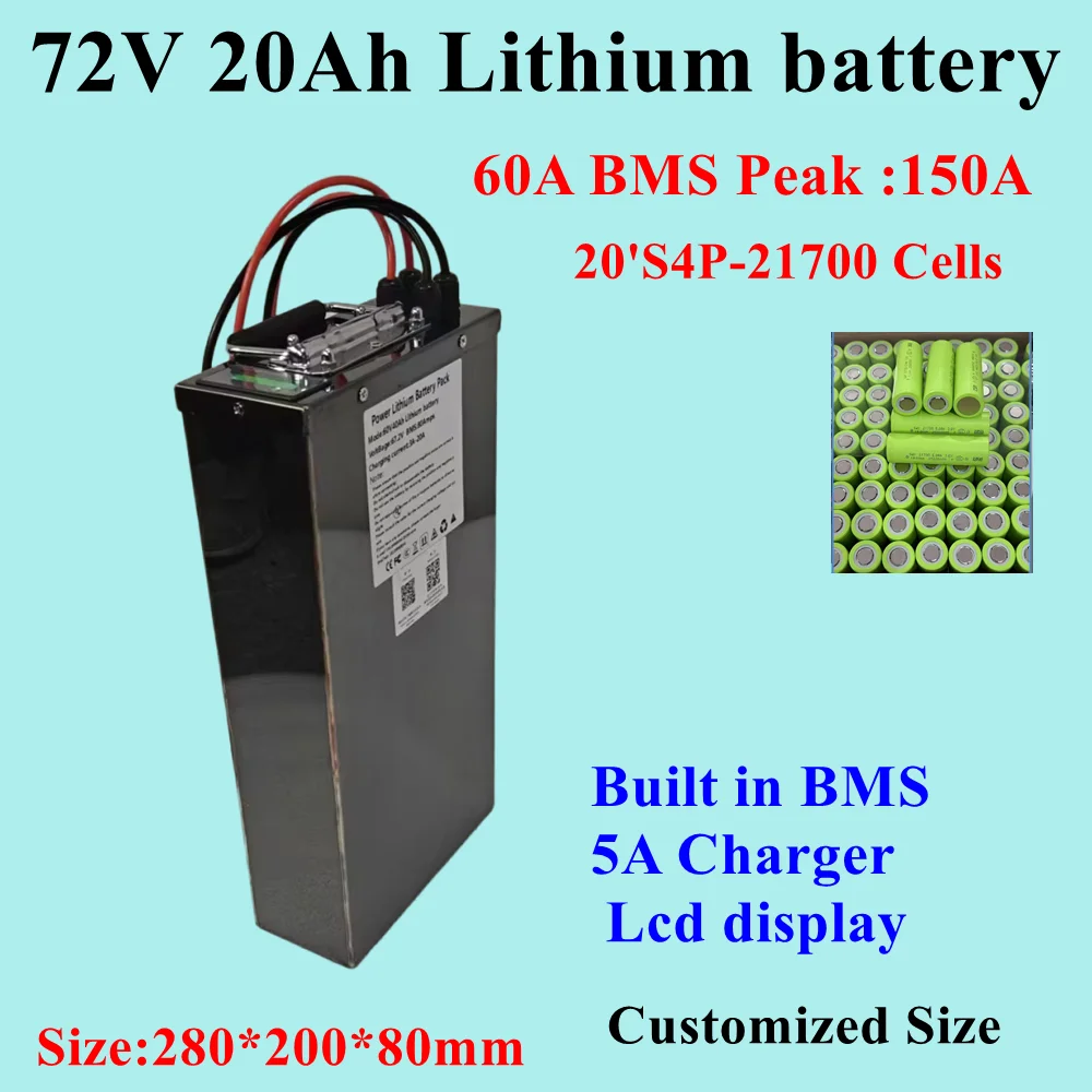 

CZ-72v 20Ah li-ion lithium battery pack BMS 20S for inverter solar energy RV EV scooter 4000w ebike motor bike + 84V 5A charger.