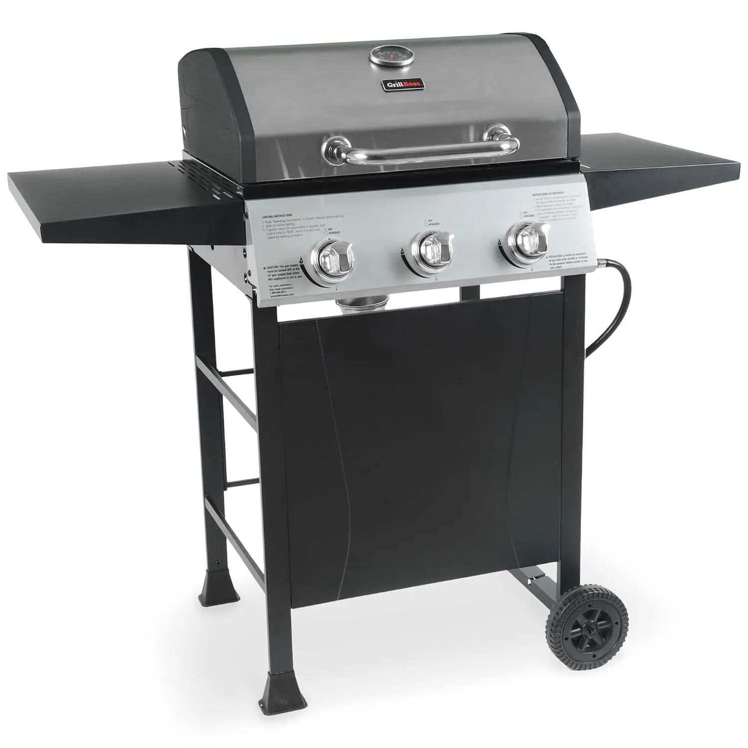Grill Boss 3 Burner Propane Gas Grill, Portable BBQ, Lid, Wheels & Shelves, Customized