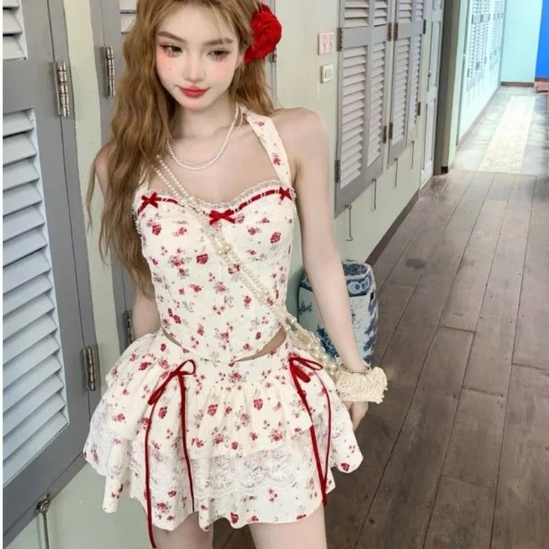 Y2k Japanese Kawaii Lolita Chic 2 Piece Set Women Bow Vintage Casual Mini Skirt Suit Female Slim Elegant Sexy Fashion Set Summer