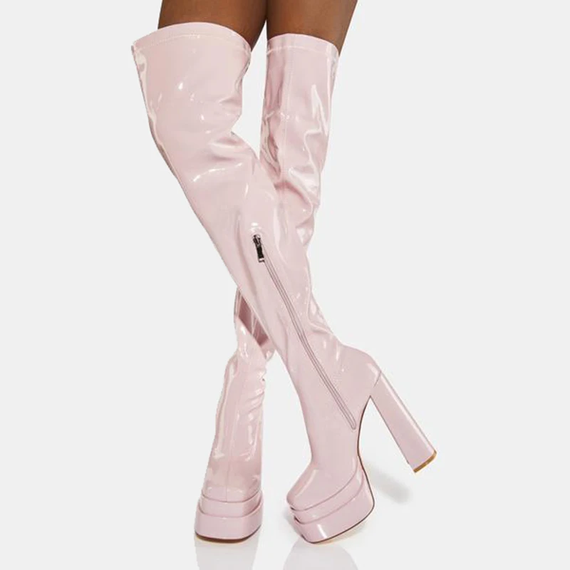 Arden Furtado 2024 Autumn Patent Leather Platform Thigh high boots Square toe Side zipper Super high heel Modern boots