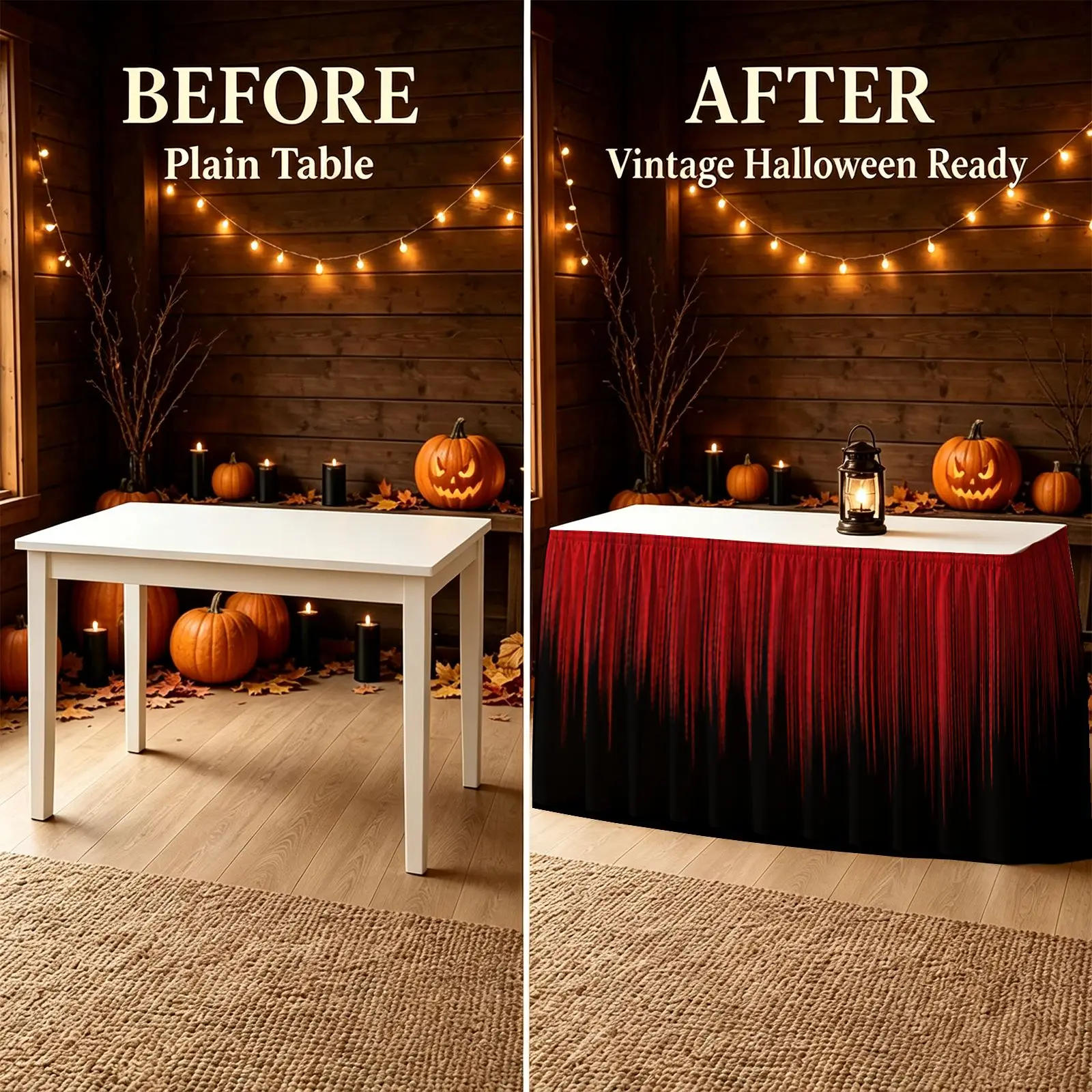 Halloween, Christmas,Party Tablecloth - Horror Table Skirt Set - Gradually Changing from Red to Black Flowing Fringe Table Skirt