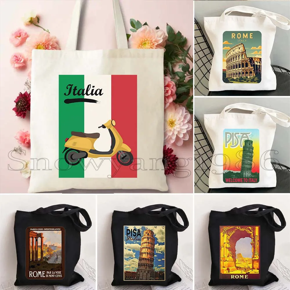 

Retro Pisa Leaning Tower Colosseum Rome Italy Italian Map Flag Florence Vatican City Poster Canvas Tote Bag Girl Shopper Handbag