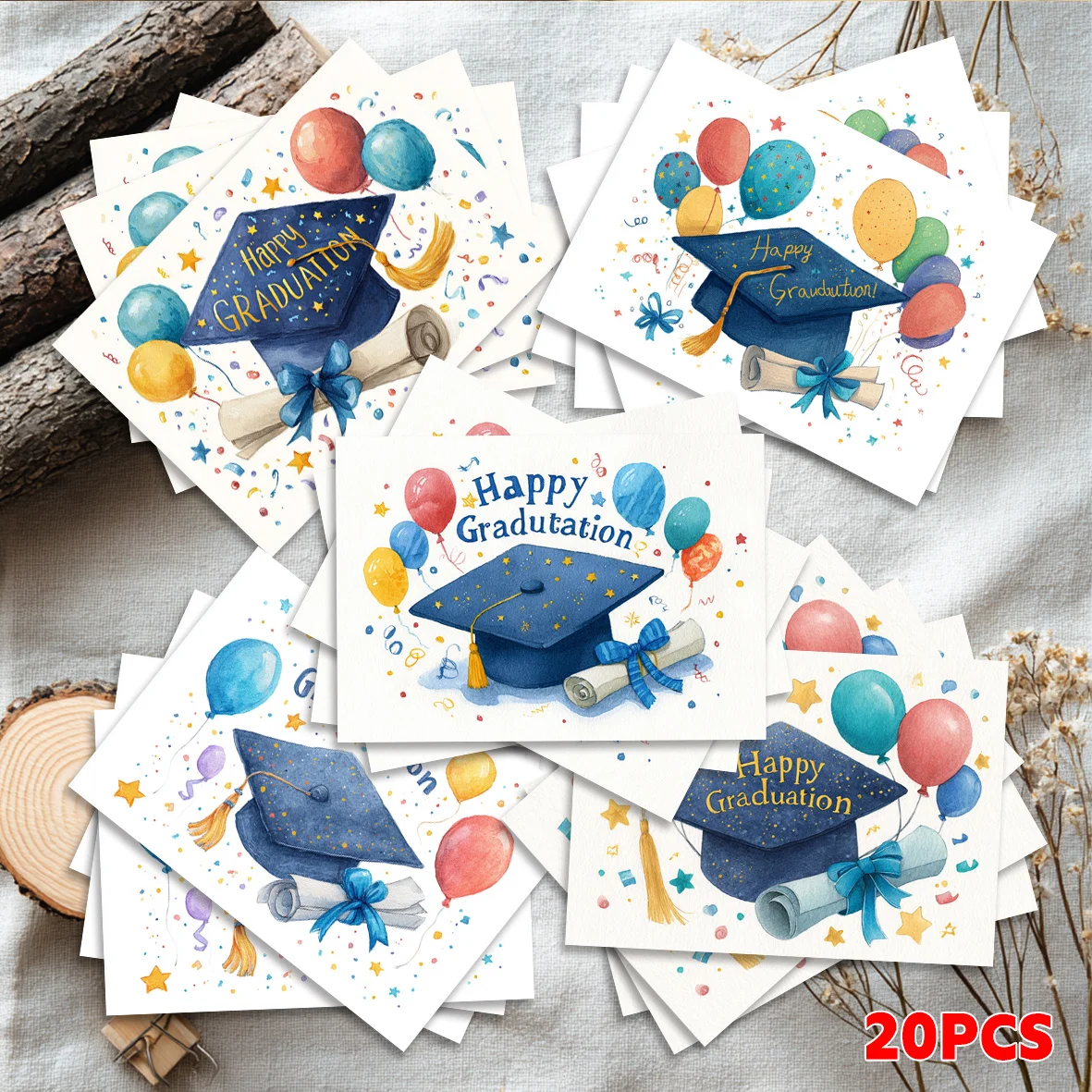 20PCS Graduation Themed Greeting Cards, Degree Caps, Colorful Balloons, Blank Design on The Back That Can Be Written - view 3
