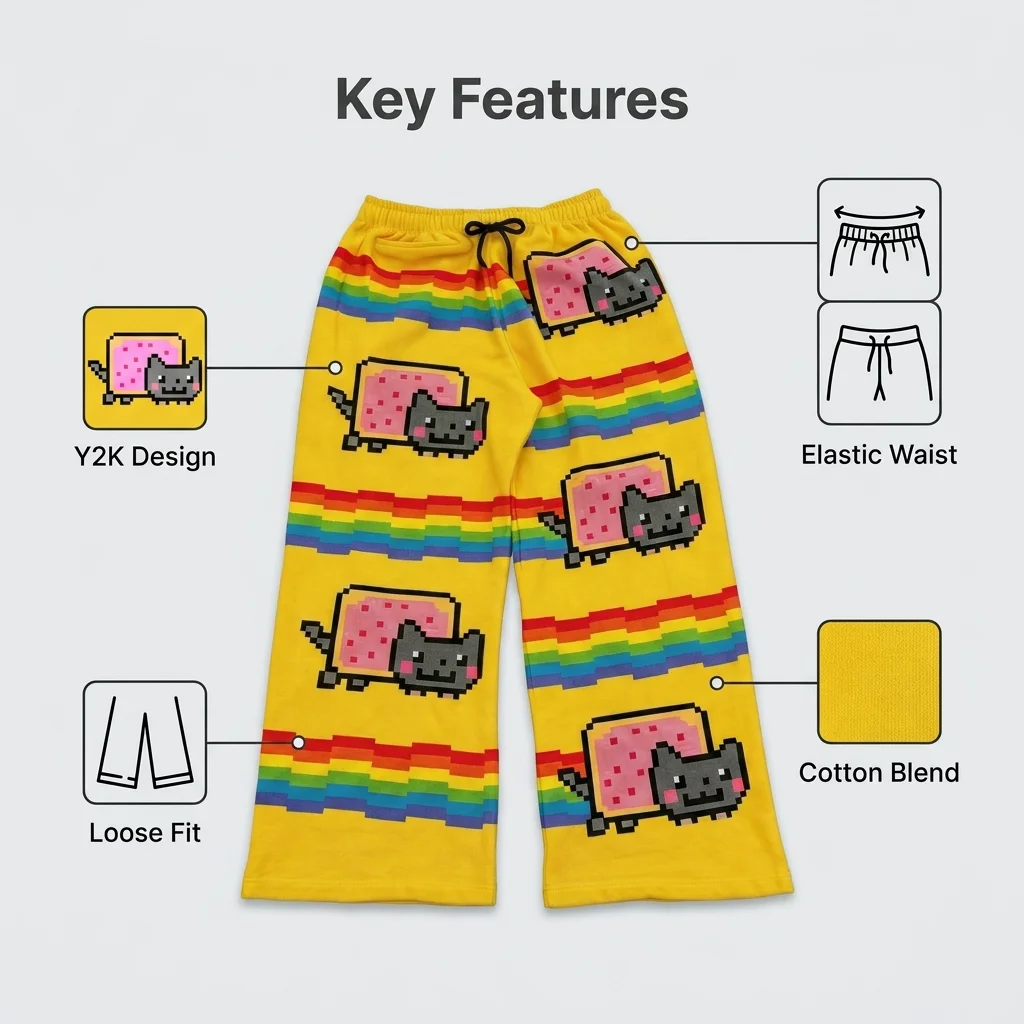 Nyan Cat Yellow Sweatpants Y2k Pants Baggy Women Elastic Waist