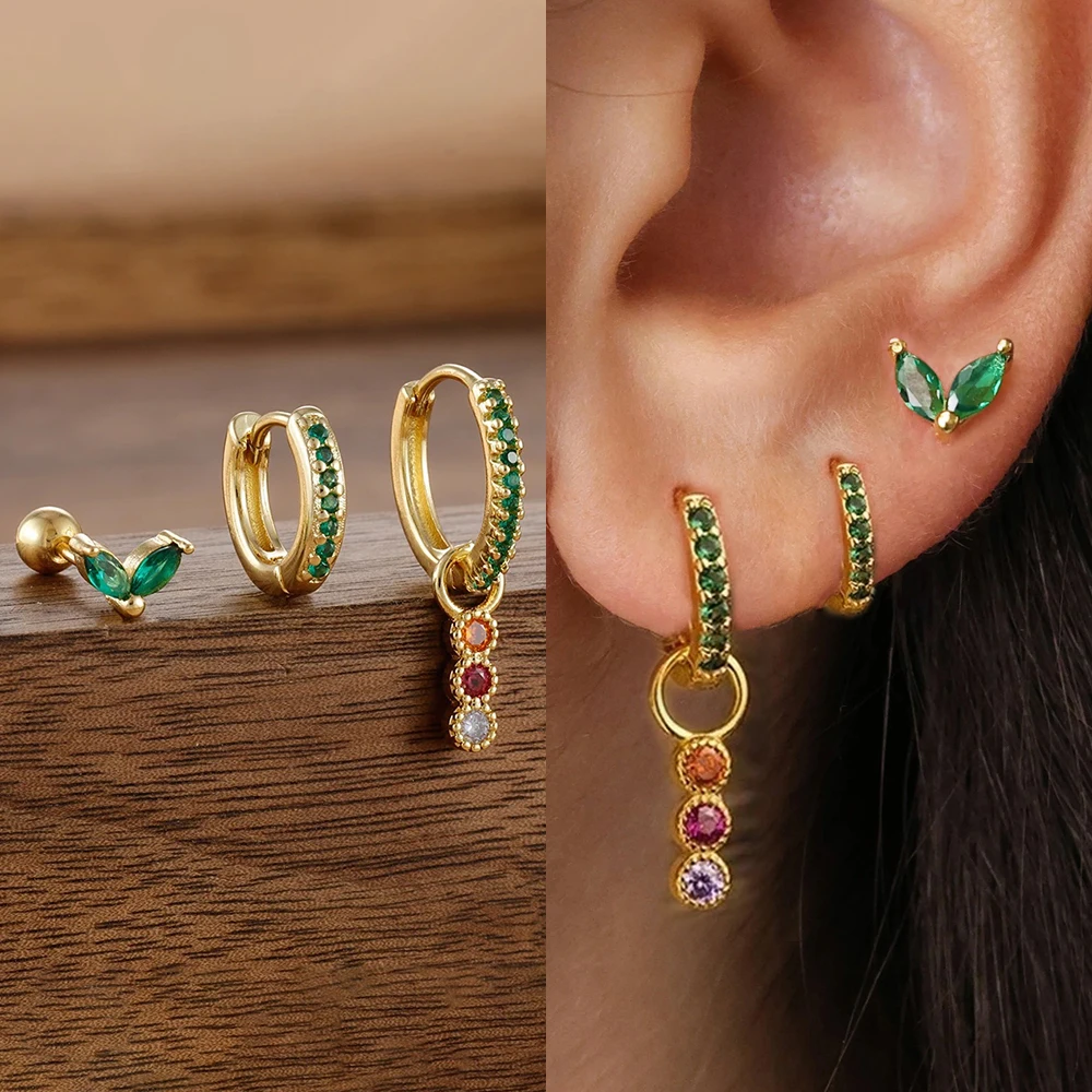 

3PCS Korean Stainless Steel Triangle Water Drop Hoop Earrings Set For Women Cubic Zirconia Unique Huggie Earring Fashion Jewelry