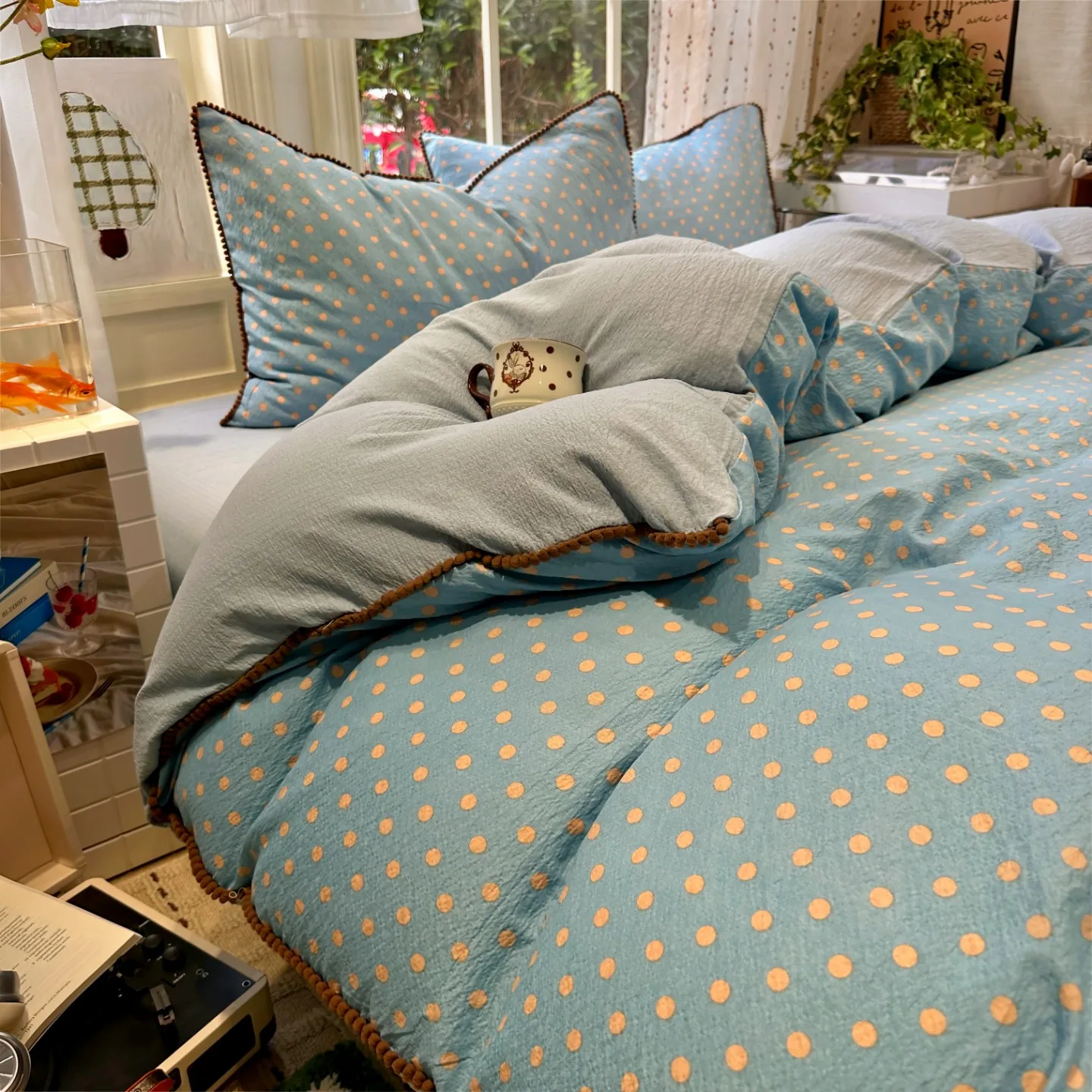 Ins Polka Dot Bedding Set Korean Style Blue Duvet Cover Set Soft Single 150x200cm Bed Sheet Set For Girls Cottagecore Bedroom