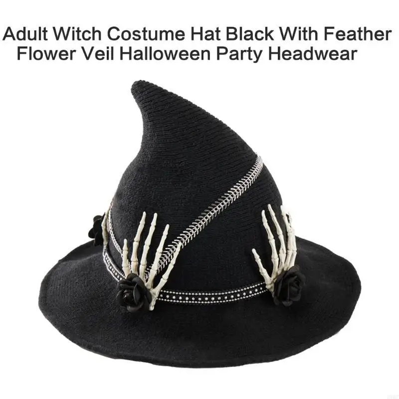 قبعة الساحرات للهالوين 39BC مع هيكل عظمي لحفلات اليد قبعة ساحرة للجنسين قبعة ساحرة مدببة للبالغين والأطفال زي تنكري خوذة #5