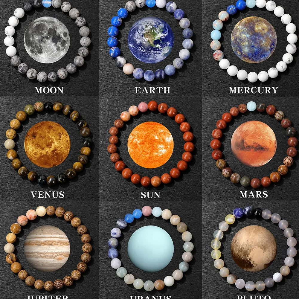 Solar System Eight Planets Artificial Stone Beaded Stretch Bracelet Elastic Rope Handmade Unisex Jewelry Gift