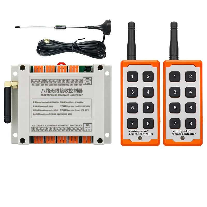 433MHZ 1000m Industrial DC 12V 24V 36V 8CH RF Wireless Remote Control Overhead travelling crane System Receiver Suckers antenna