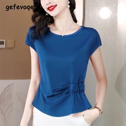 2023 Summer Women High Quality Satin Ruffled Elegant T Shirt Fashion Office Ladies O Neck Solid Short Sleeve Tops Ropa De Mujer