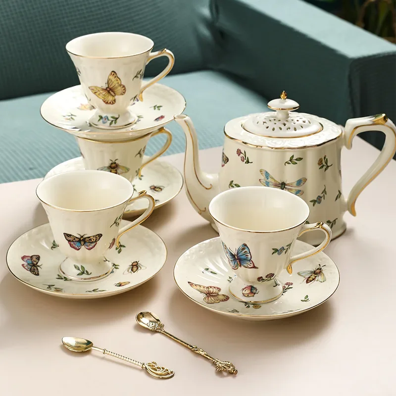 European style scented tea coffee cup saucer pot set butterfly dragonfly pastoral retro set court style flower teapot ceramic
