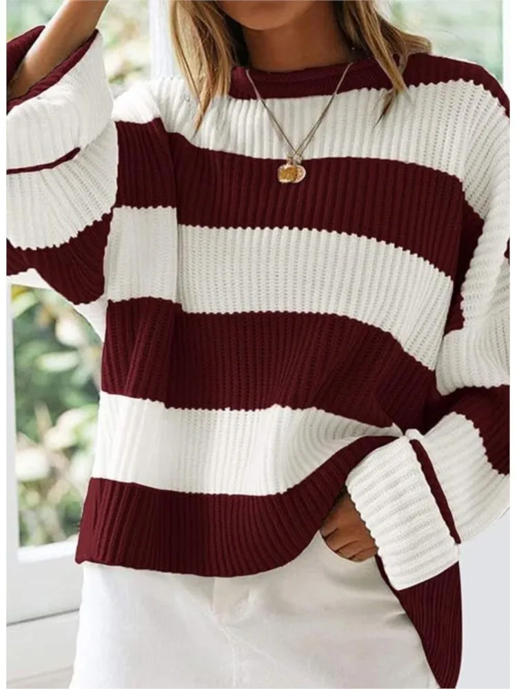 Autumn And Winter O Neck Long Sleeve Striped Sweater For Women 2024 Fashion Bell Sleeve Loose Knitted Sweaters Y2k Preppy style