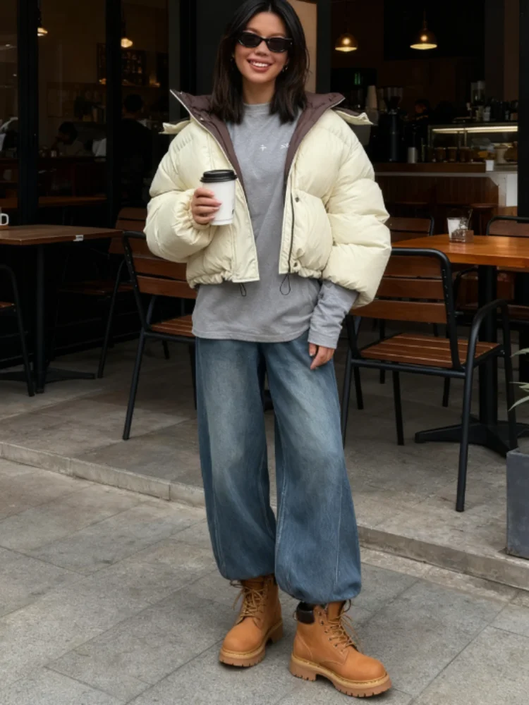 Reversible Women Cotton Padded Jacket Hooded Zipper Long Sleeve Female Short Coats 2025 Autumn Winter Chic Lady New In Outerwear